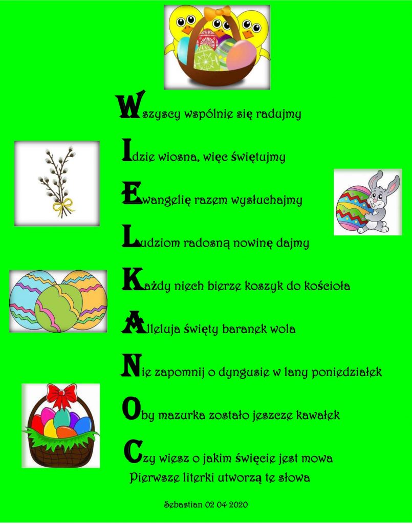 Sebastian Pruczkowski, kl. Va, laureat II miejsca w konkursie Szkolne rymy wiosenno – wielkanocne.