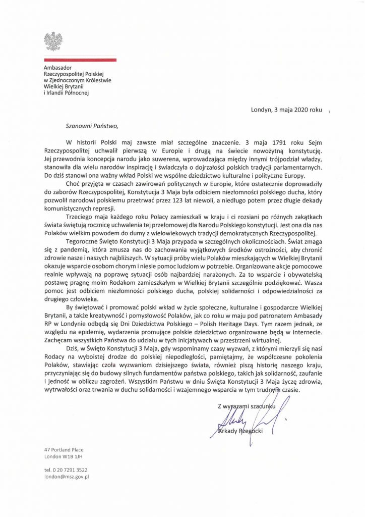 List Ambasadora Rzeczypospolitej Polskiej w Zjednoczonym Królestwie Wielkiej Brytanii i Irlandii Połnocnej