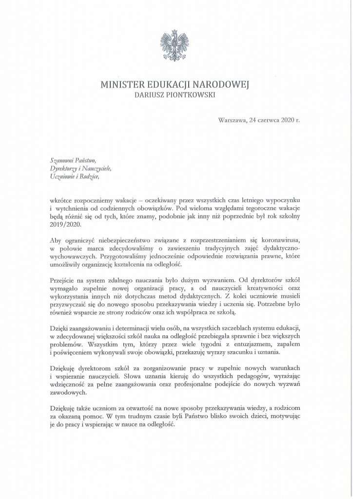List Ministra Edukacji Narodowej