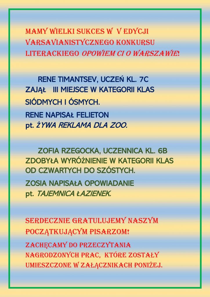 Wyniki Konkursu Literackiego – Opowiem Ci o Warszawie