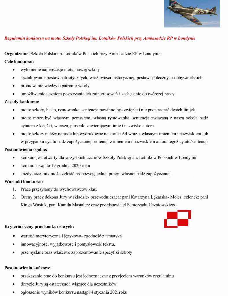 Regulamin konkursu na motto Szkoły