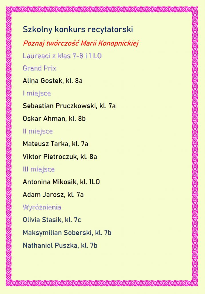 Wyniki konkursu recytatorskiego: Poznaj twórczość Marii Konopnickiej