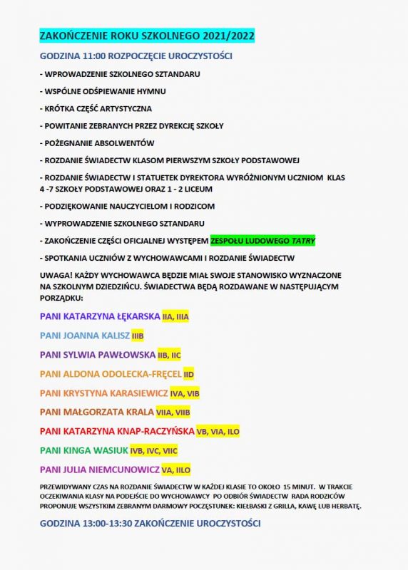 ZAKOŃCZENIE ROKU SZKOLNEGO 2021/2022