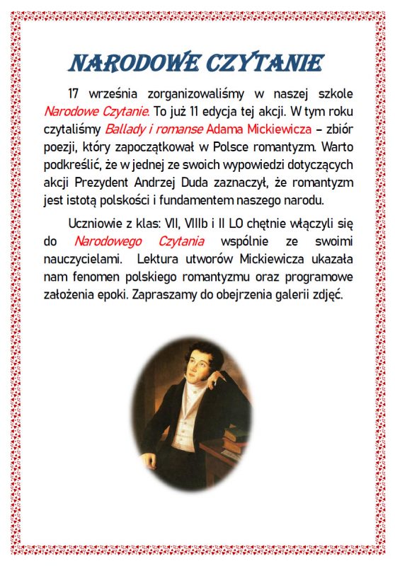 Narodowe Czytanie 2022:  ,,Ballady i romanse” Adama Mickiewicza.