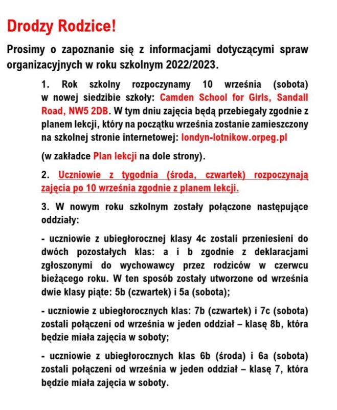 Informacje związane z organizacją pracy szkoły w roku szkolnym 2022/23.