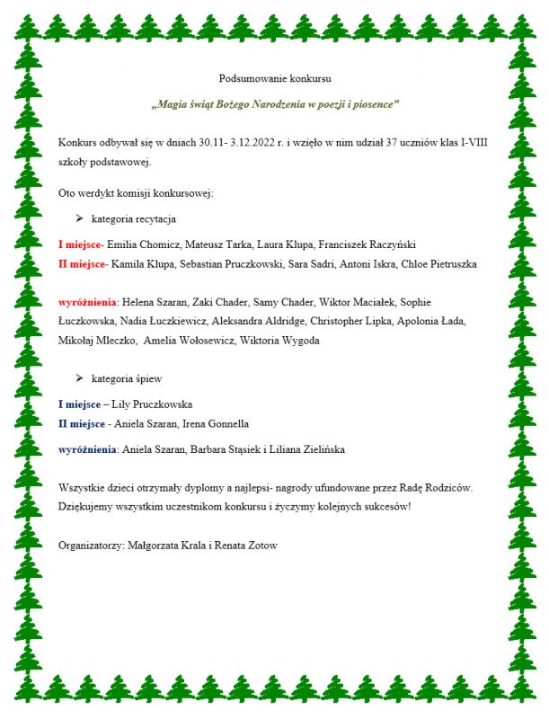 Podsumowanie konkursu „Magia świąt Bożego Narodzenia w poezji i piosence”.