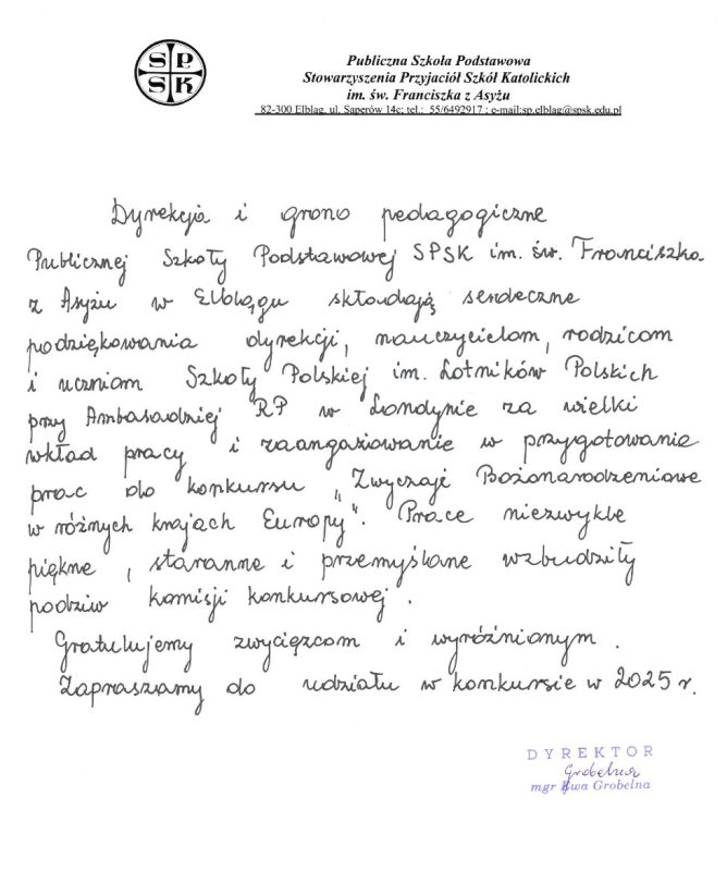 Szkoła w Elblągu dziękuje za nasz udział w konkursie plastycznym