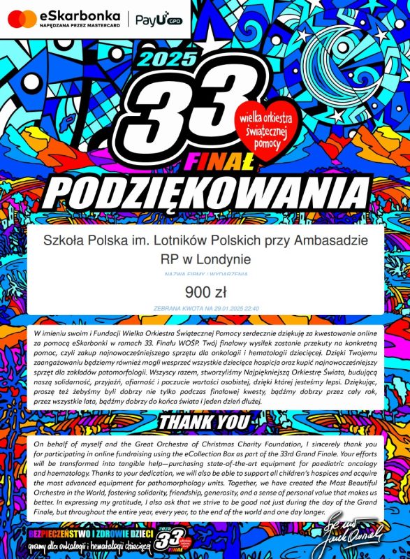 33 finał WOŚP – podziękowania!