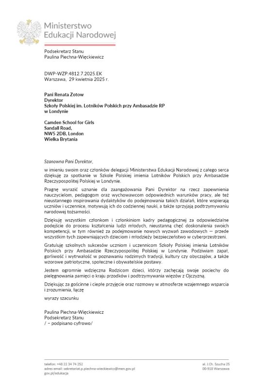 List od Podsekretarza Stanu Ministerstwa Edukacji Narodowej
